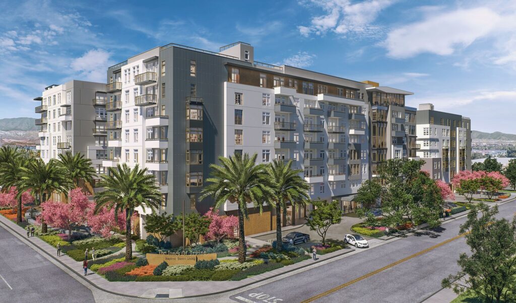 Architectural rendering of The James senior living community in Irvine, CA, framed by palm trees and flowering trees