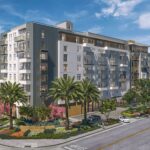Architectural rendering of The James senior living community in Irvine, CA, framed by palm trees and flowering trees