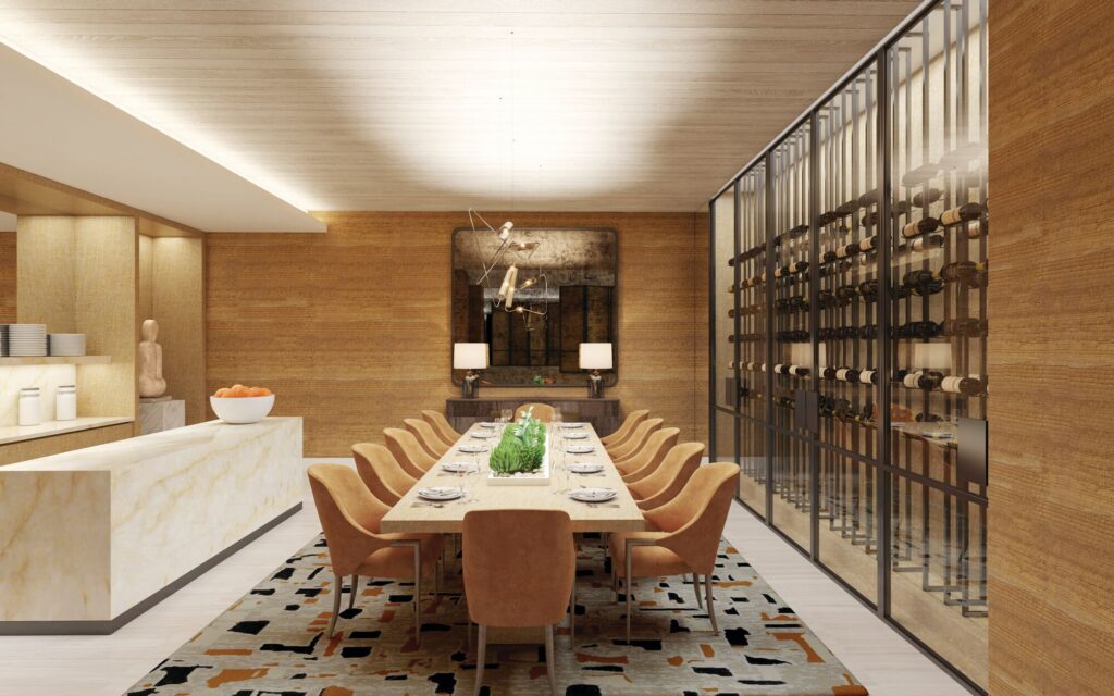 Rendering of the private dining room at The James with a long table, leather chairs and a glass-walled wine display