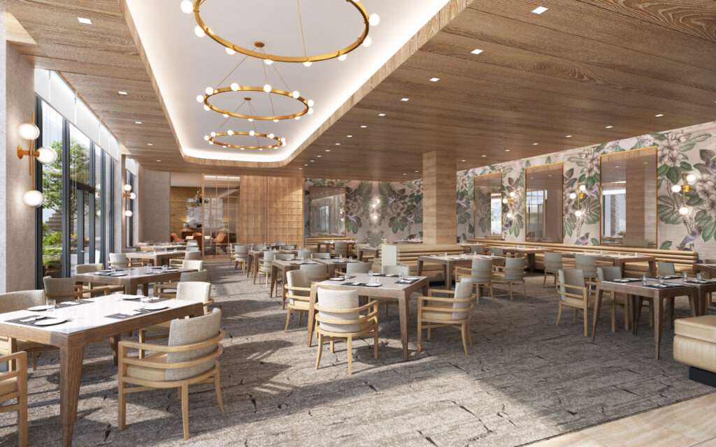 Rendering of a dining room at The James with chandeliers and garden-print walls