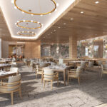 Rendering of a dining room at The James with chandeliers and garden-print walls