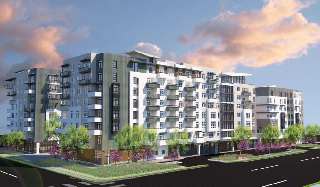Rendering of The James, an eight-story building on a tree-lined Irvine corner