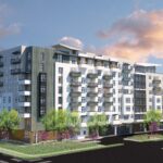 Rendering of The James, an eight-story building on a tree-lined Irvine corner