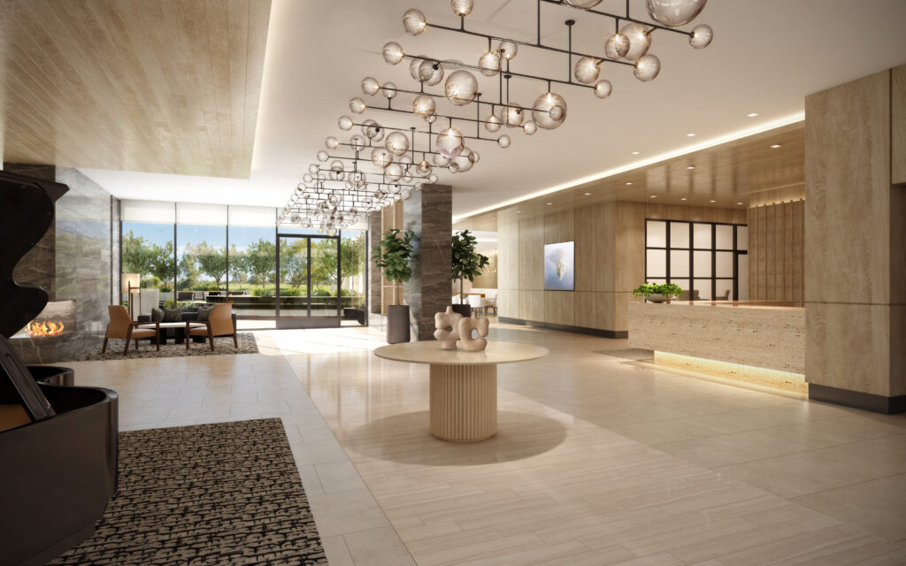 Rendering of The James’ lobby with a grand piano, fireplace and reception desk