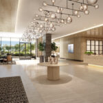 Rendering of The James’ lobby with a grand piano, fireplace and reception desk