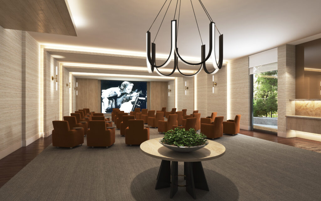 Rendering of The James’ theater with lounge seating and a large screen
