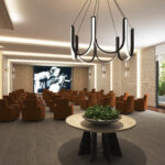 Rendering of The James’ theater with lounge seating and a large screen